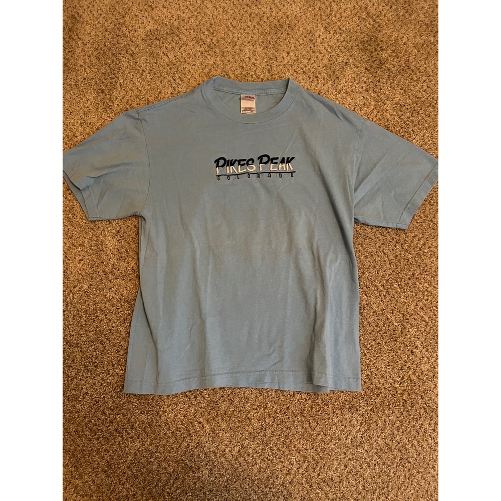 Intex Mens T-Shirt Size L Light Blue Pikes Peak Colorado Embroidered Heavyweight